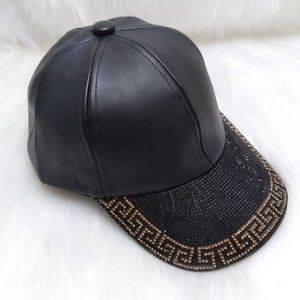Rhinestone Cap Black Hat PU Leather Fashion